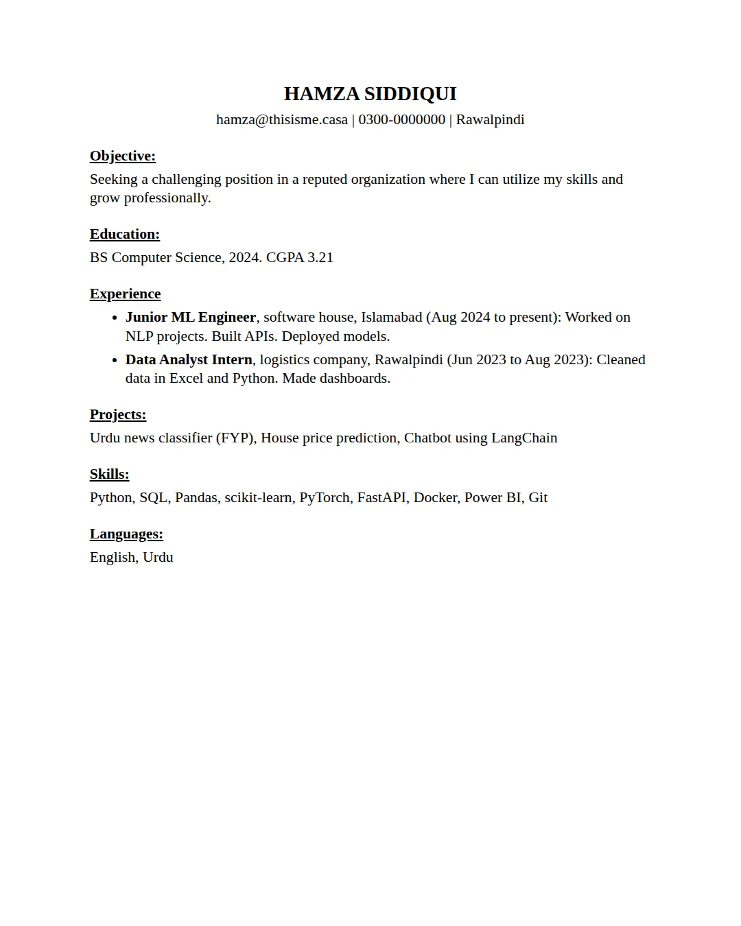 A typical one-page CV: plain text, a list of jobs, skills and education.