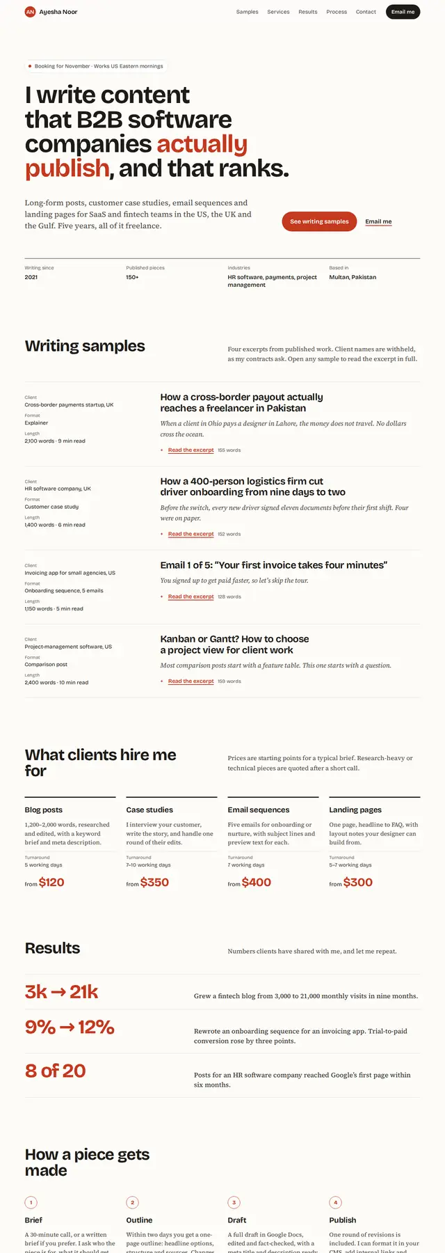 The example page for a content writer who prefers not to show a photo.