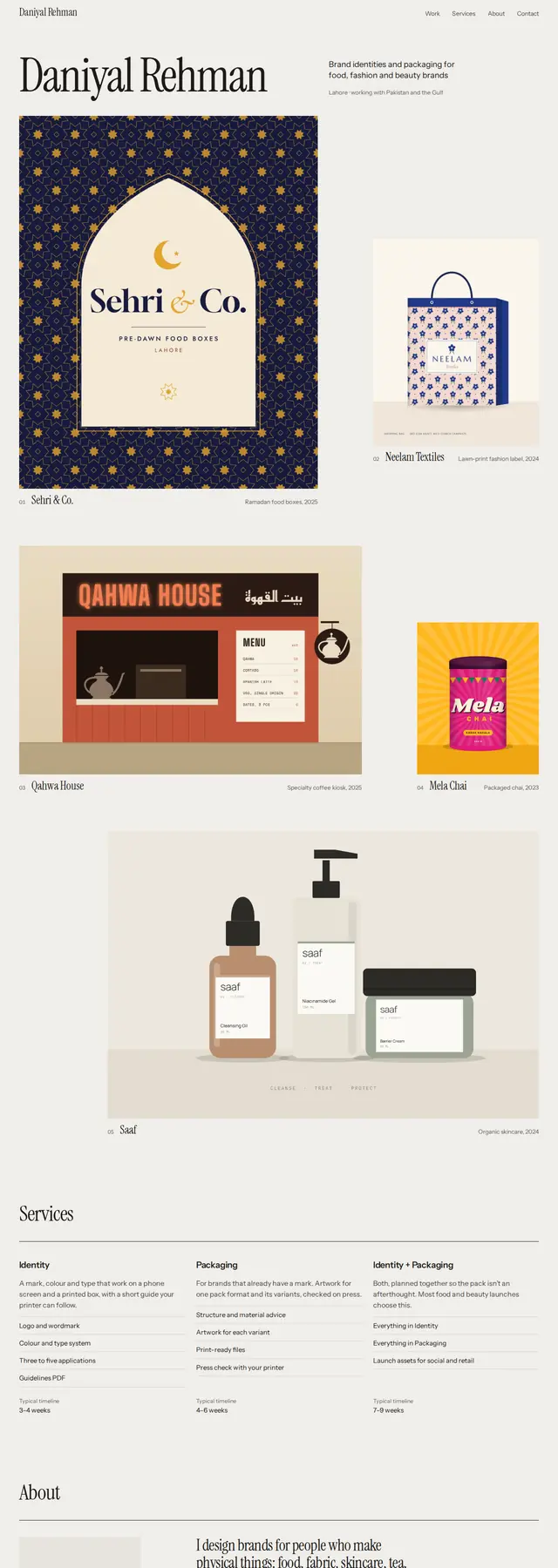 The example page for a brand and packaging designer.