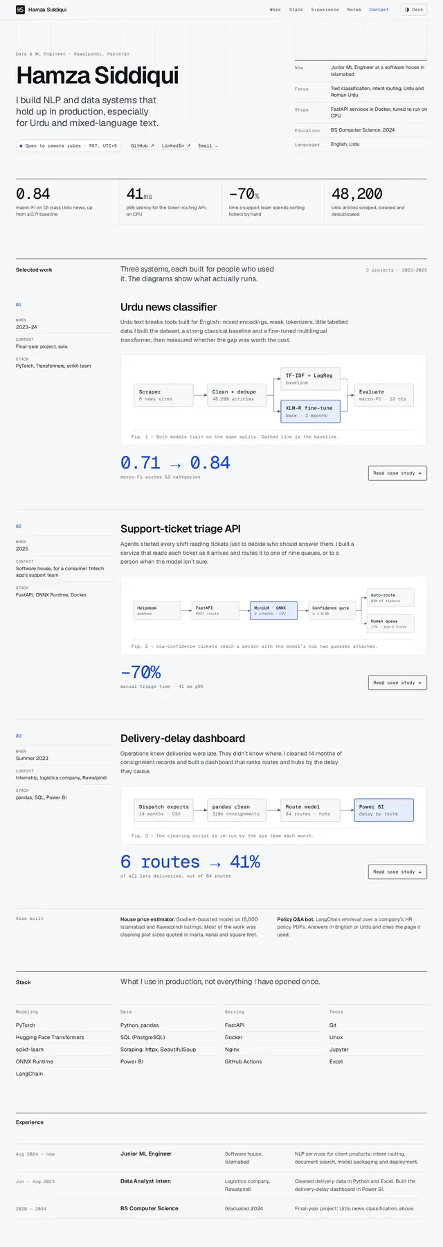 The example page for a machine learning engineer.