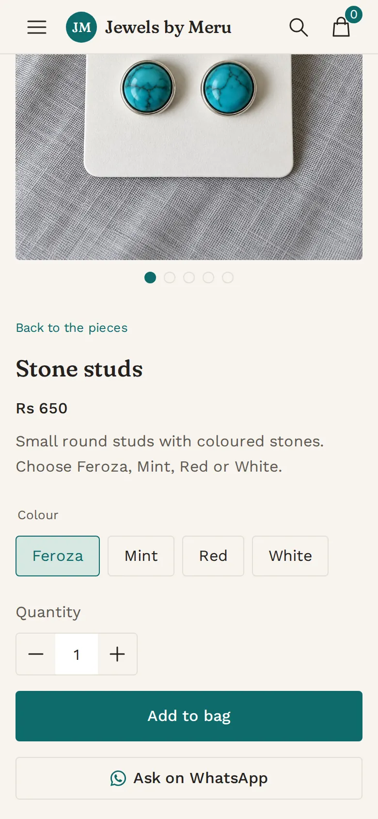 The Stone studs page of Jewels by Meru on a phone, with its photo, its price, four colours to choose from and an Ask on WhatsApp button.